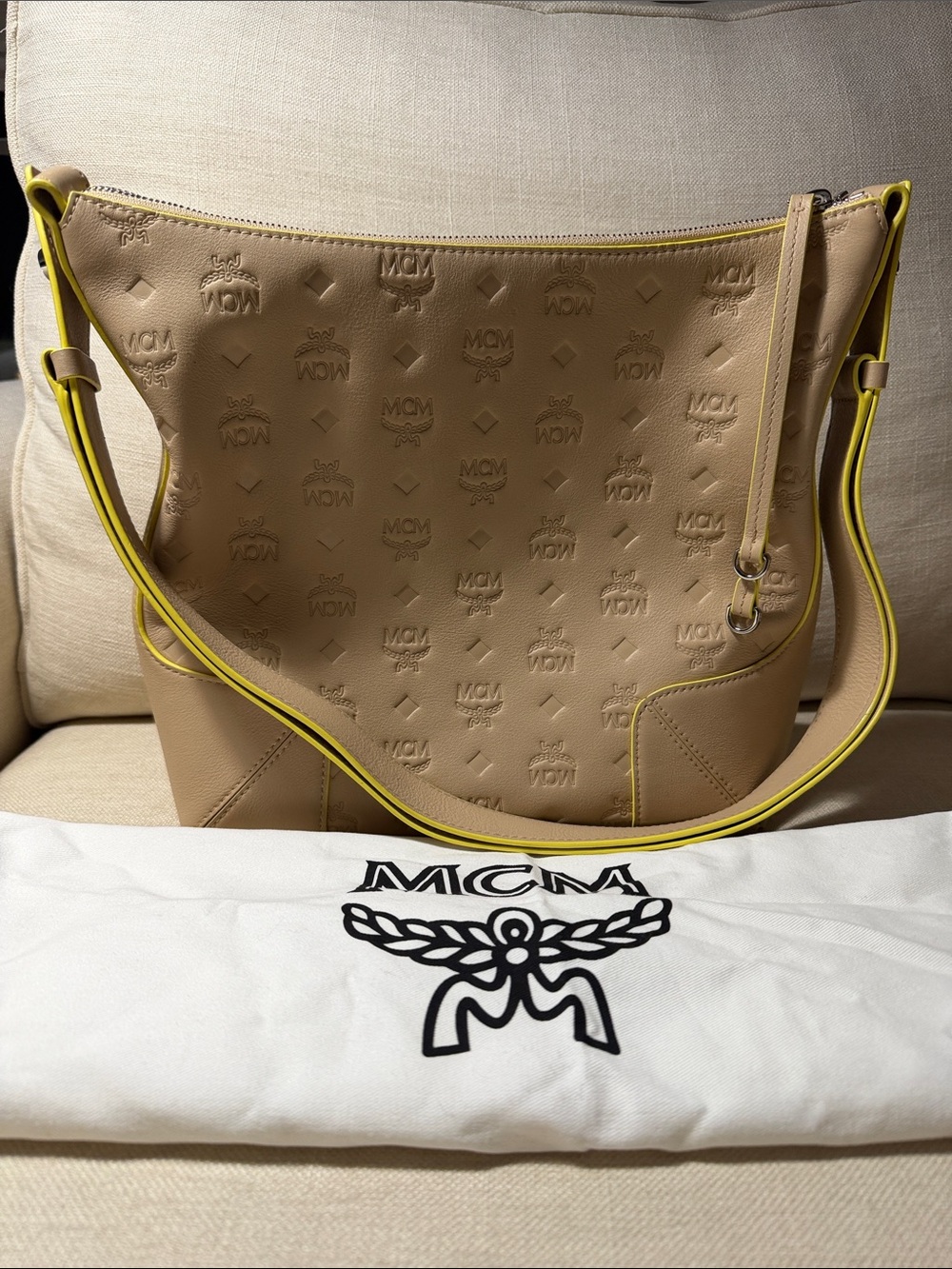 MCM Taupe Leather Shoulder Bag with Yellow Trim - Picture 2 of 10